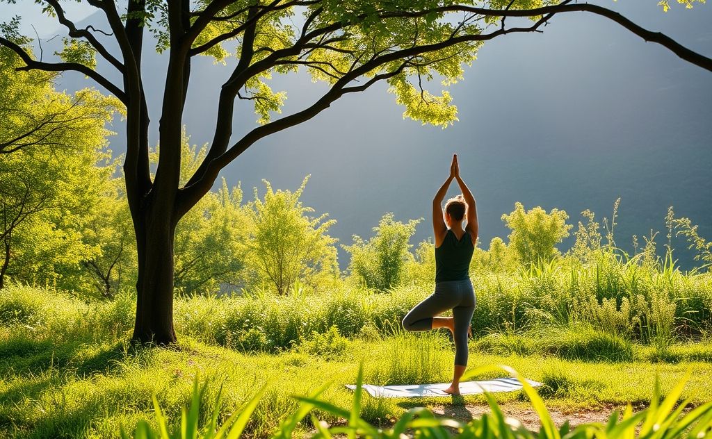 A serene landscape featuring a person practicing yoga in nature.