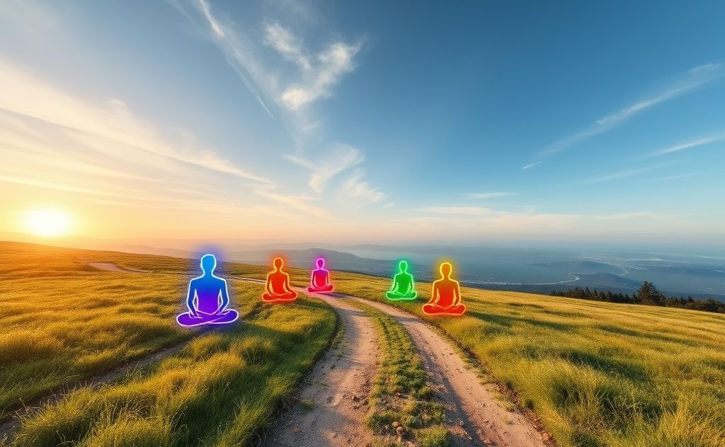 A serene landscape featuring colorful chakras aligned along a path.