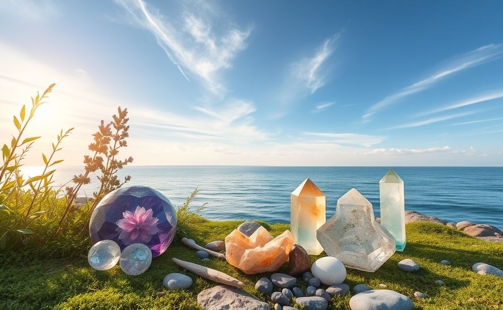 A serene landscape featuring nature's elements and healing crystals.