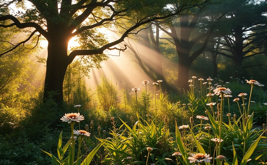 A serene landscape featuring sacred plants in their natural habitat.