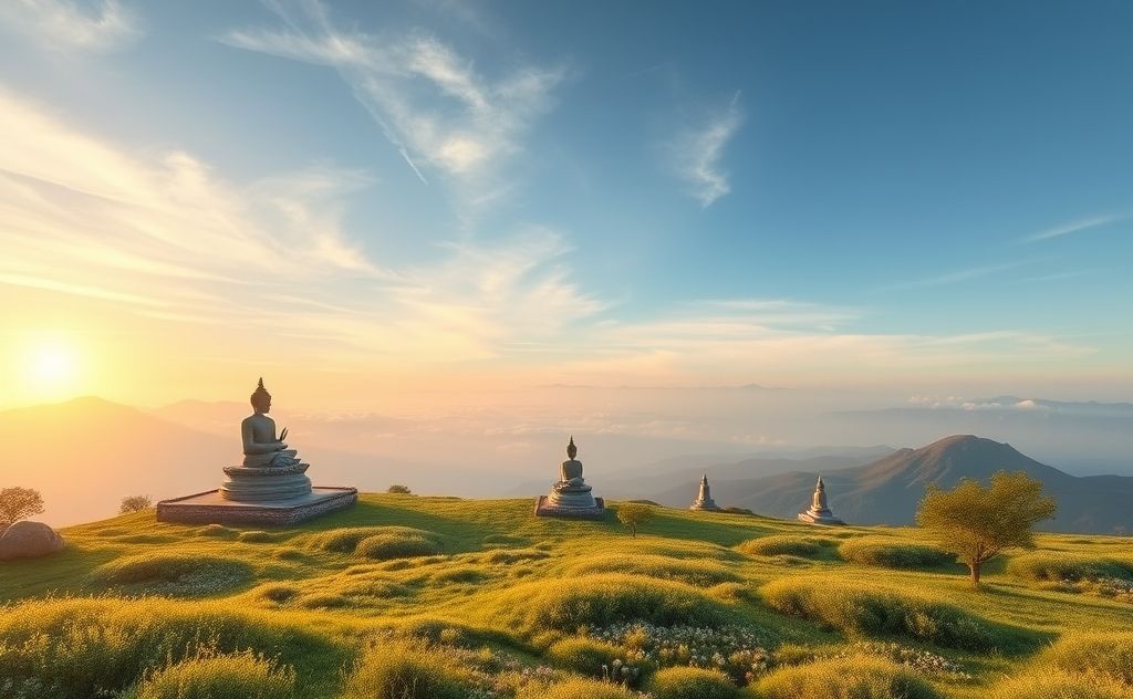 A serene landscape featuring sacred symbols of meditation.