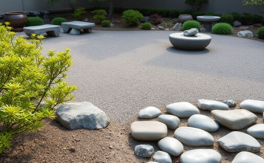 A serene landscape featuring tranquil Zen gardens and smooth stones.