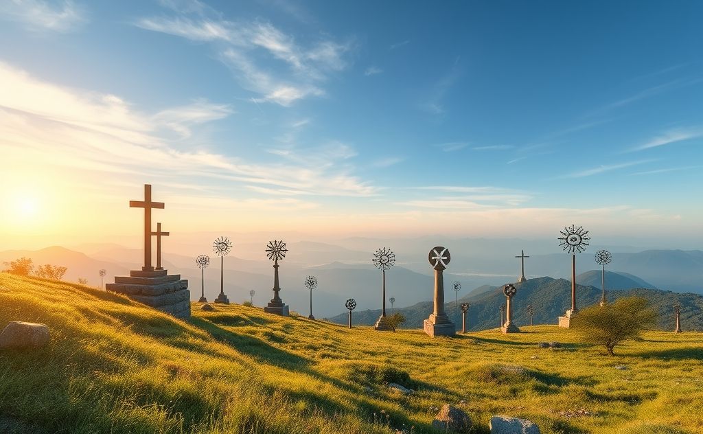 A serene landscape featuring various sacred symbols in nature.