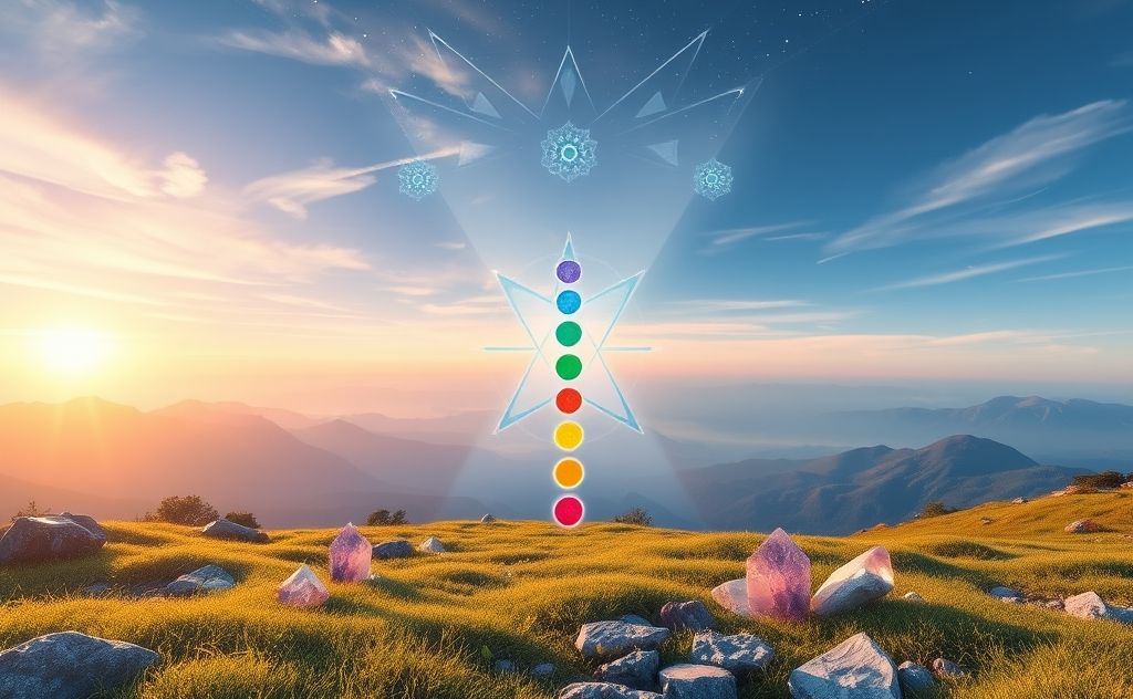 A serene landscape featuring vibrant chakra symbols and healing crystals.