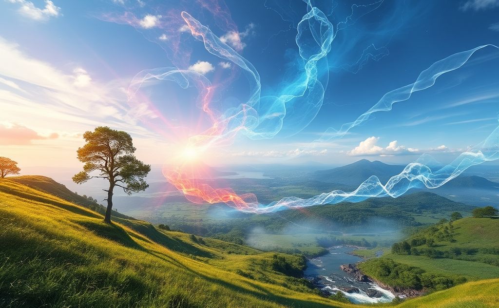A serene landscape showcasing nature's elemental energies intertwining.