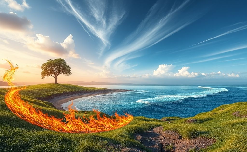 A serene landscape showcasing the elements of earth, water, fire, and air.