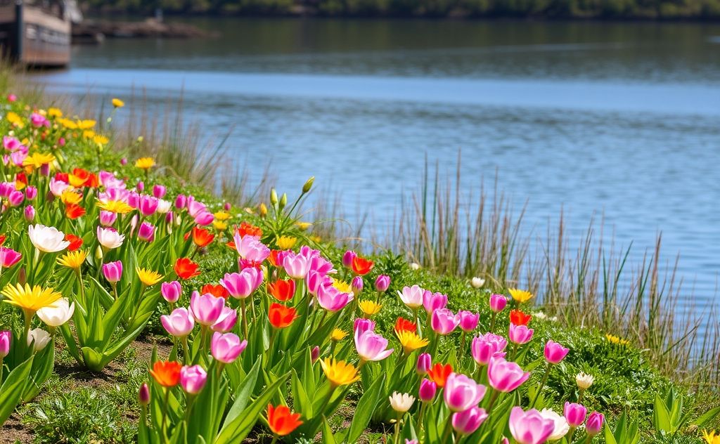 A serene landscape showcasing vibrant spring growth and tranquil water.