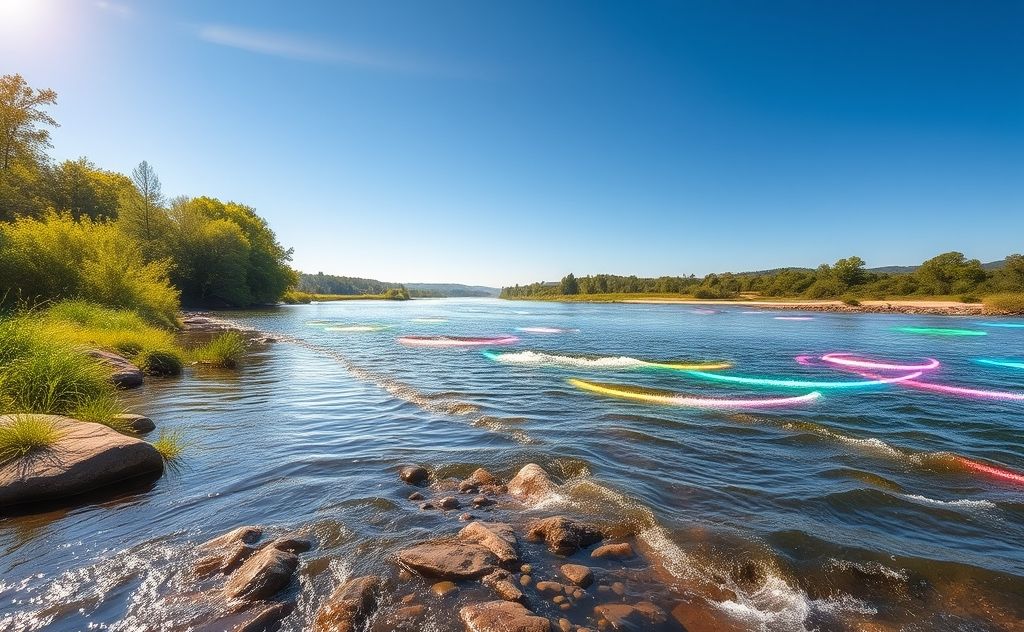 A serene landscape showing a flowing river with vibrant energy waves.