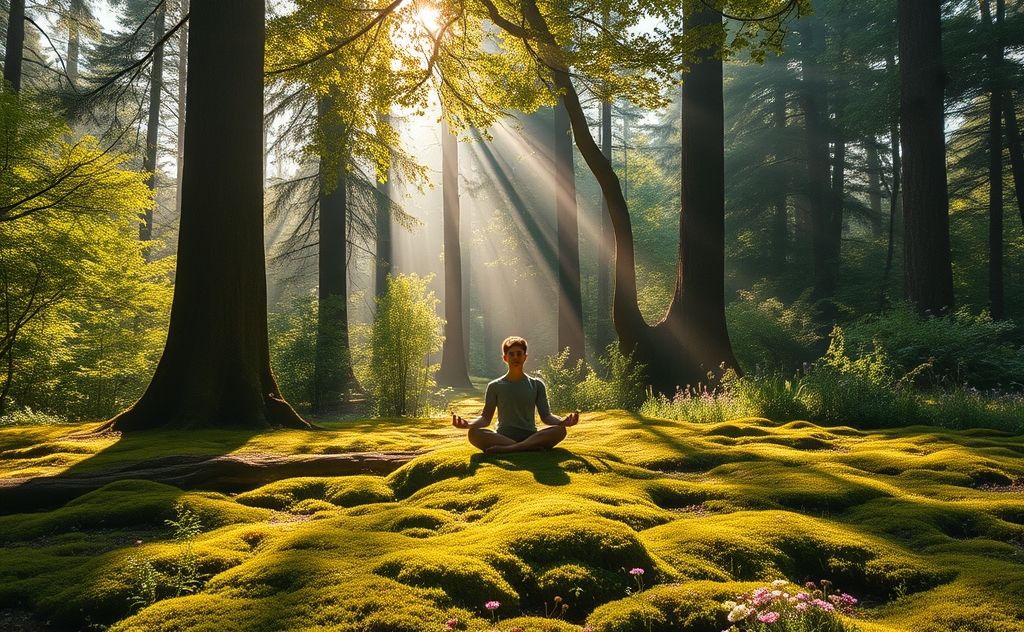 A serene landscape showing a meditative figure in nature.