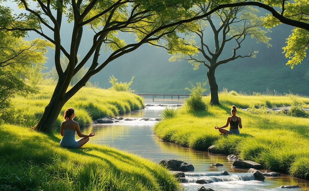 A serene landscape showing nature and wellness practices in harmony.