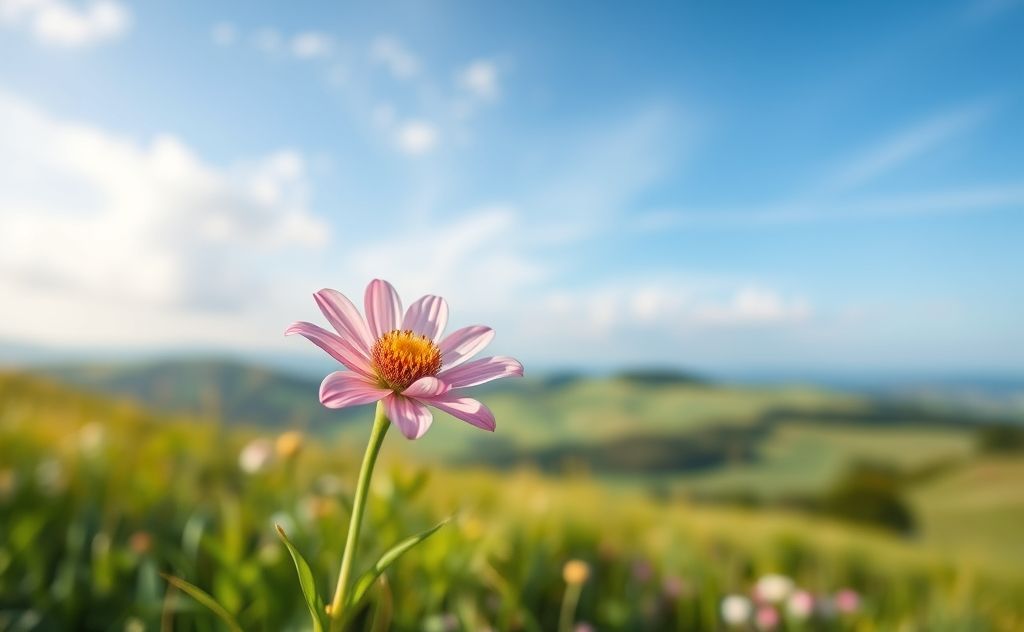 A serene landscape with a blooming flower symbolizing growth and confidence.