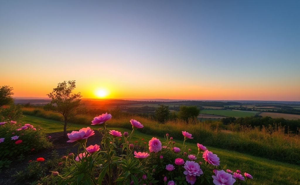 A serene landscape with a blooming garden and a sunrise backdrop.