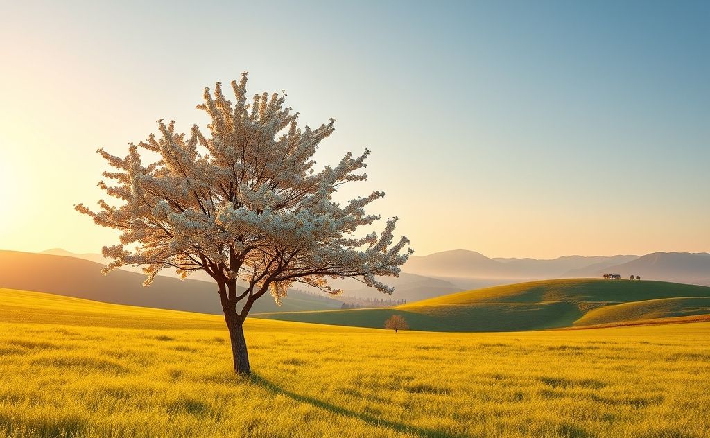 A serene landscape with a blooming tree symbolizing inner harmony.