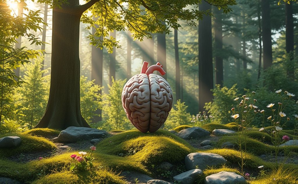 A serene landscape with a brain and heart intertwined among nature.