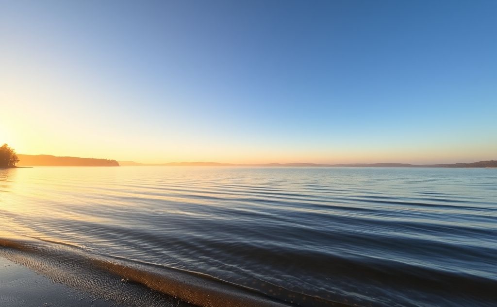 A serene landscape with a calm body of water and gentle waves.