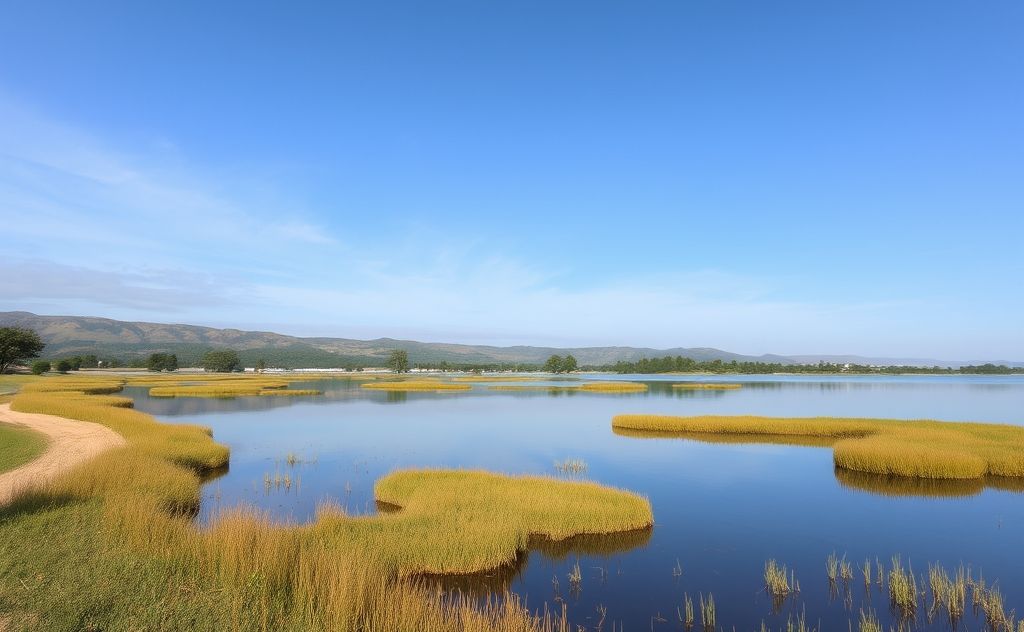 A serene landscape with a calm body of water reflecting nature.