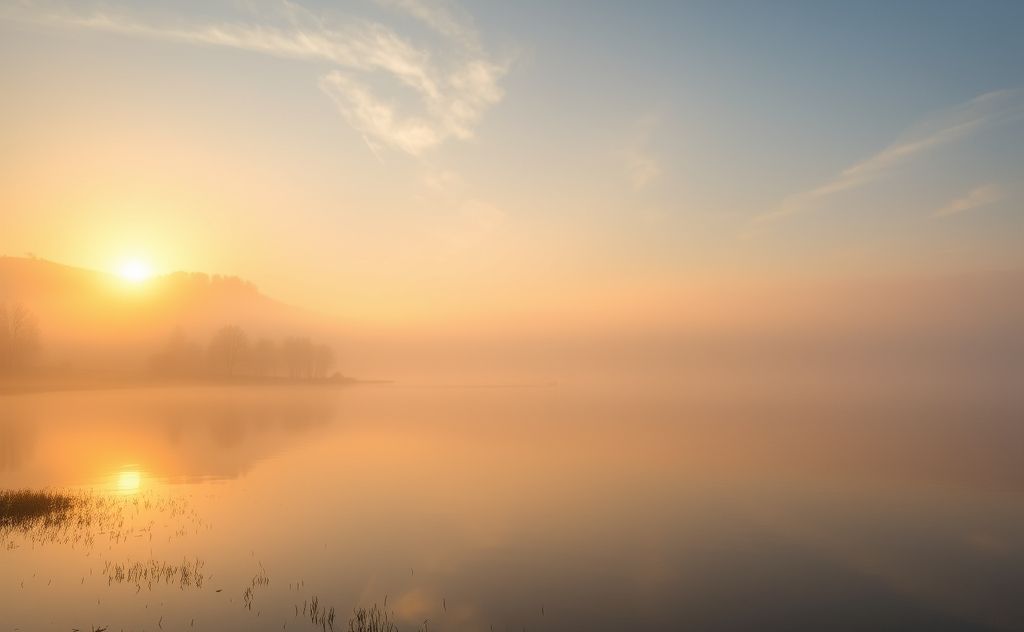A serene landscape with a calm lake and gentle mist at sunrise.