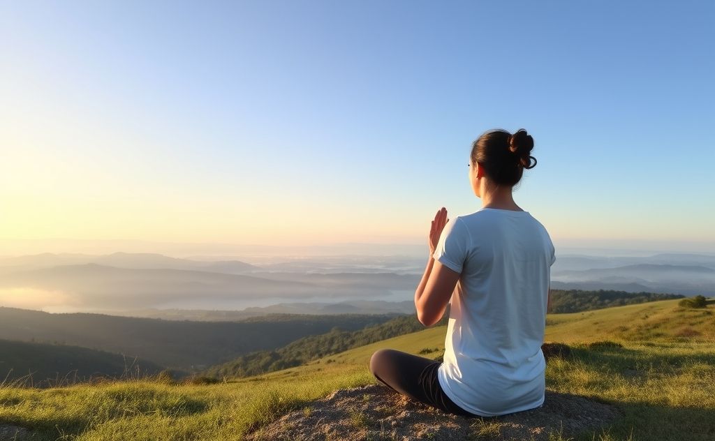 A serene landscape with a calm person practicing breath meditation.