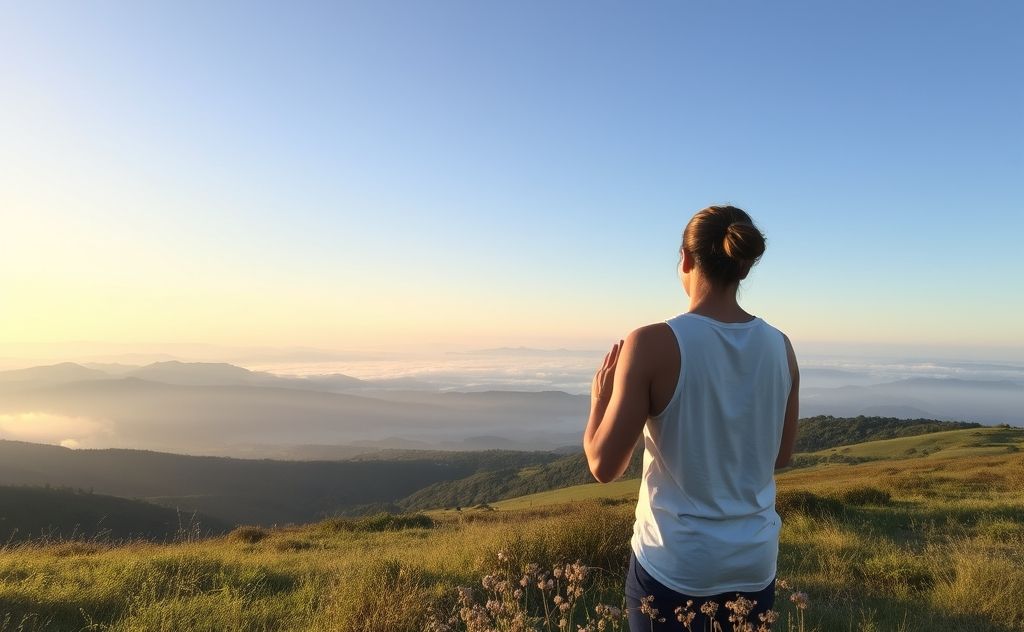 A serene landscape with a calm person practicing deep breathing.