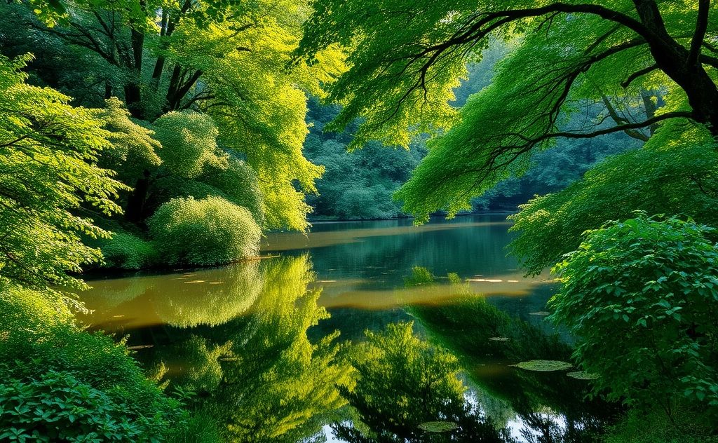 A serene landscape with a calm pond surrounded by lush greenery.