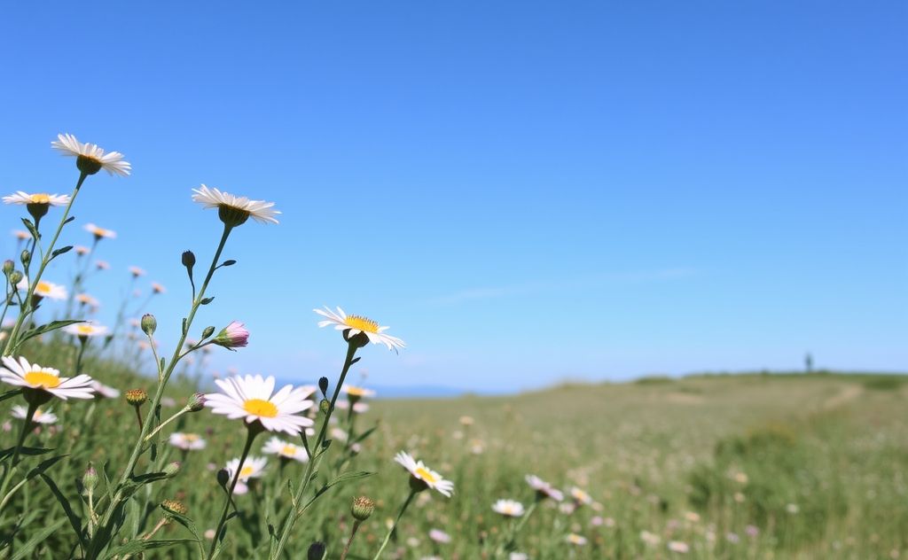 A serene landscape with a clear blue sky and blooming flowers.