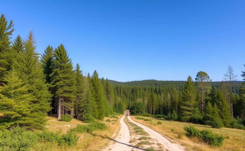 A serene landscape with a clear path through a dense forest.