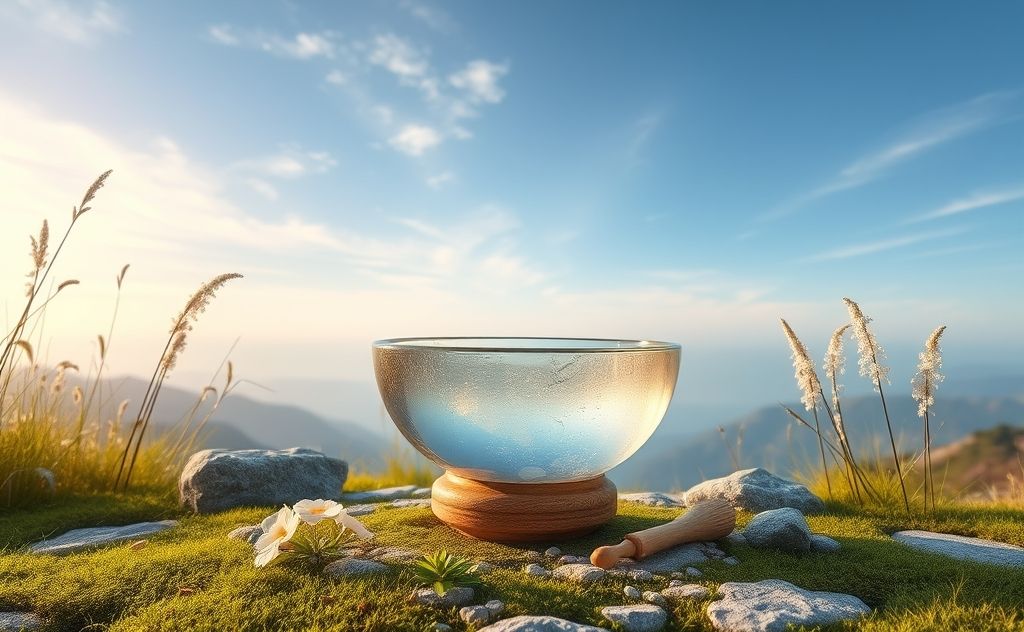 A serene landscape with a crystal singing bowl and nature elements.