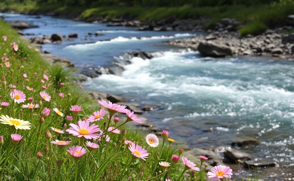 A serene landscape with a flowing river and blooming flowers.
