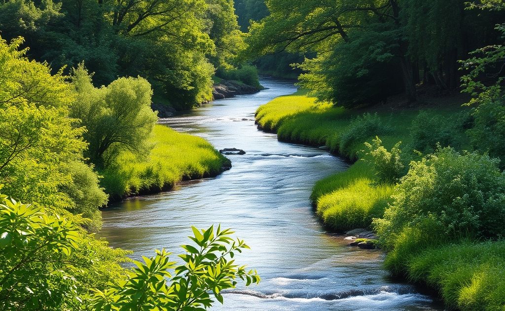 A serene landscape with a flowing river and lush greenery.