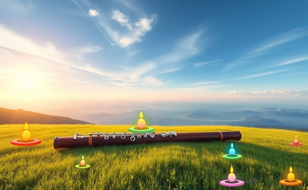 A serene landscape with a flute resting among colorful chakra symbols.
