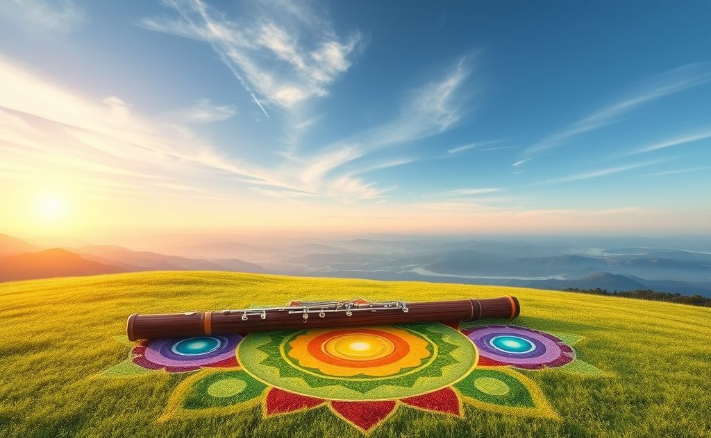 A serene landscape with a flute resting on vibrant chakra symbols.