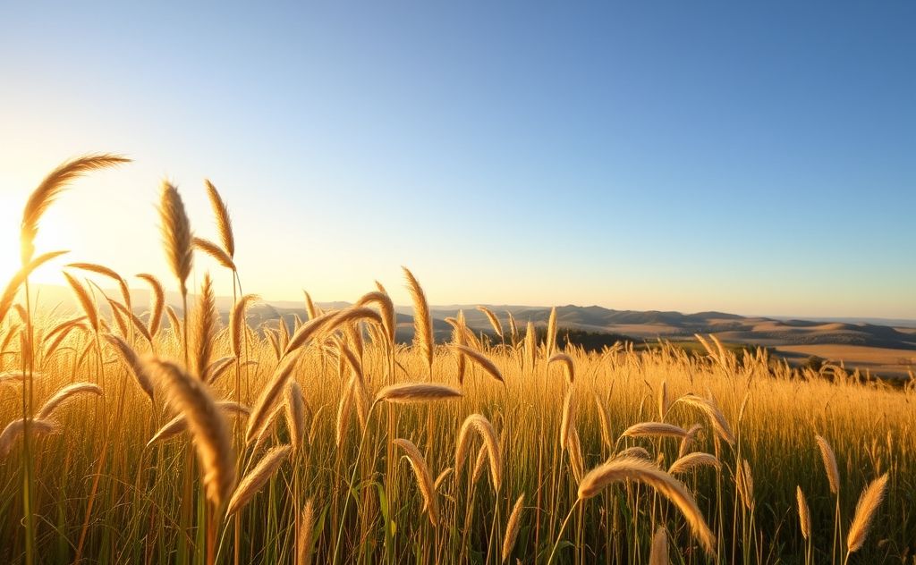 A serene landscape with a gentle breeze and flowing grasses.