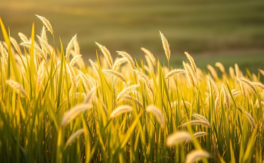 A serene landscape with a gentle breeze rustling through tall grass.
