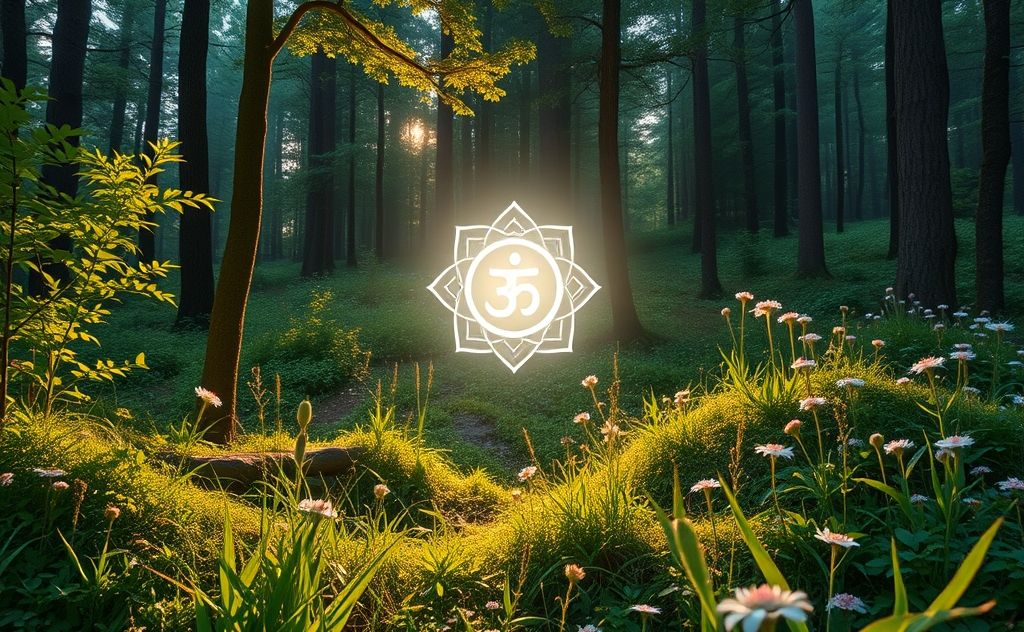 A serene landscape with a glowing chakra symbol amidst nature.
