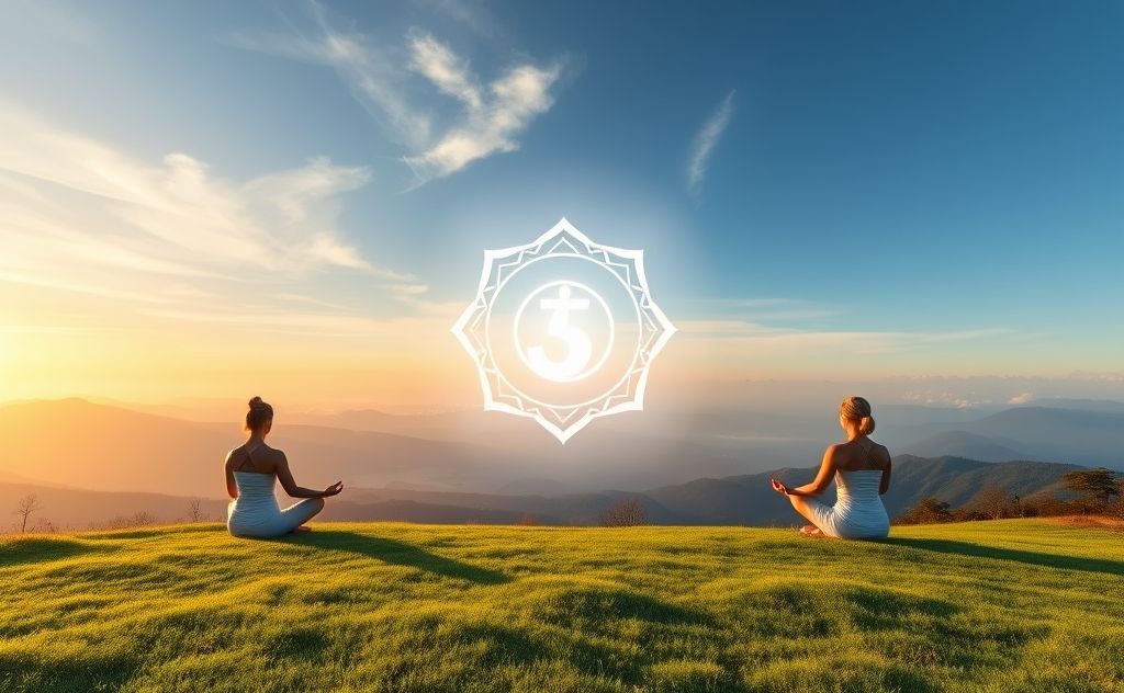 A serene landscape with a glowing chakra symbol and meditative poses.