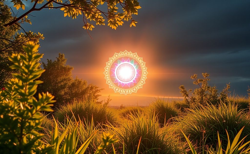 A serene landscape with a glowing chakra wheel in the center.