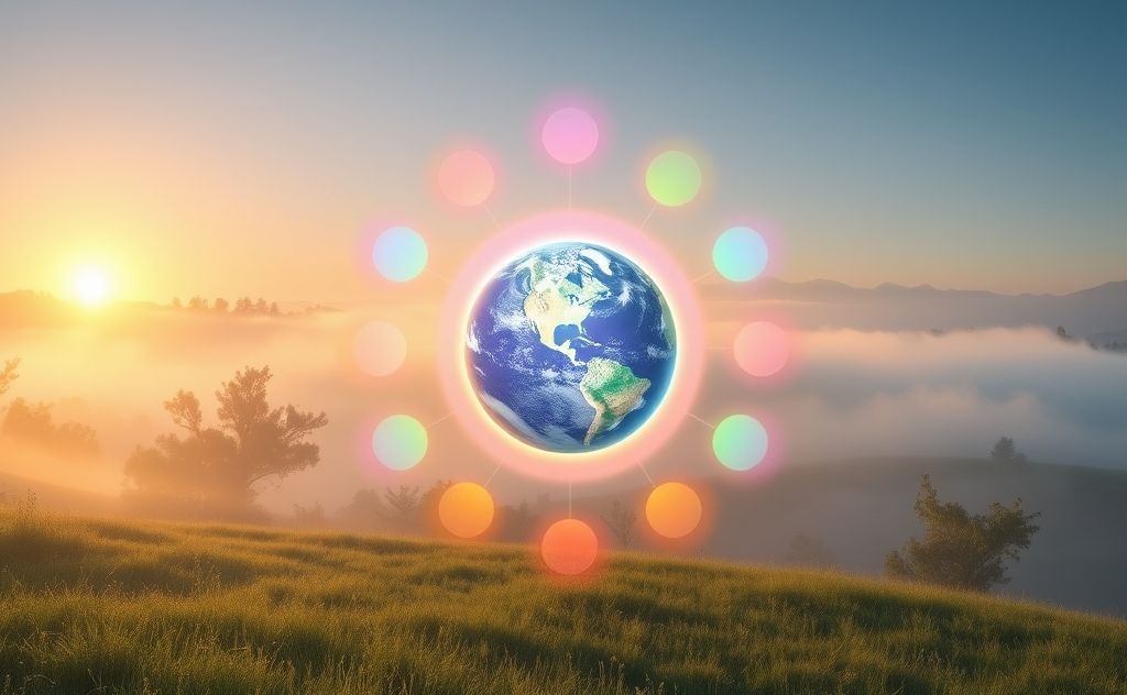 A serene landscape with a glowing earth surrounded by chakra symbols.