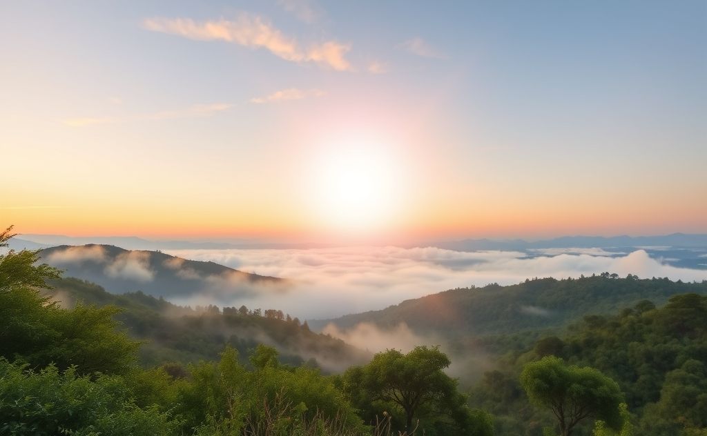 A serene landscape with a glowing light symbolizing enlightenment.