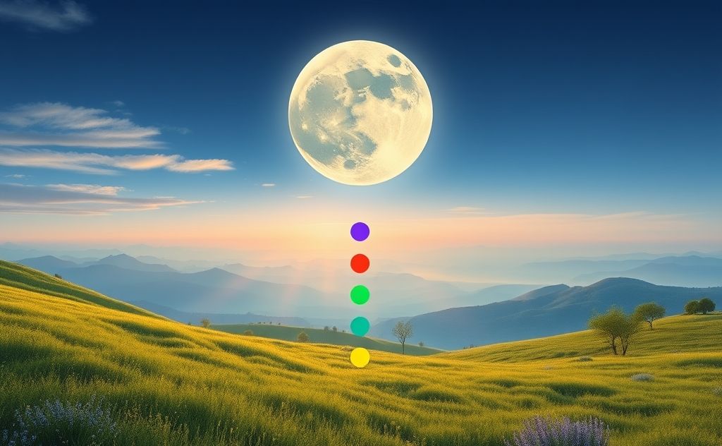 A serene landscape with a glowing moon and colorful chakra symbols.