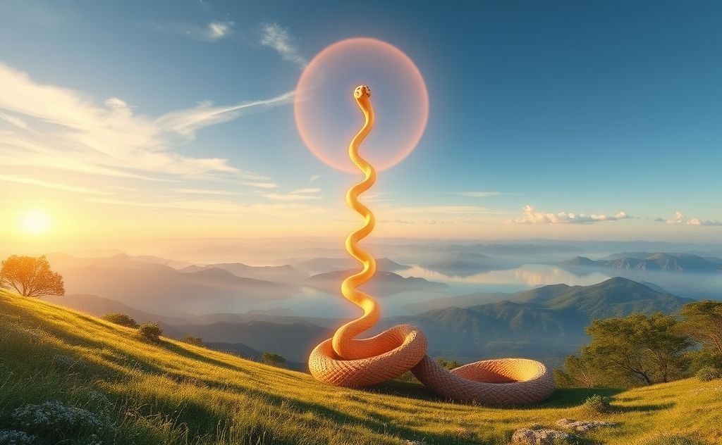 A serene landscape with a glowing serpent symbolizing kundalini energy.