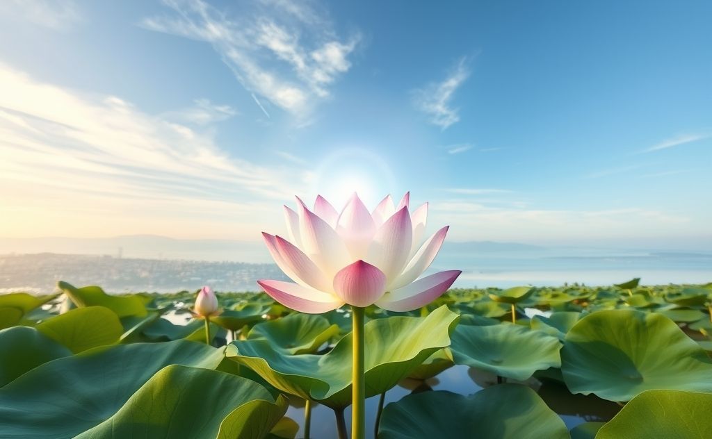 A serene landscape with a lotus flower symbolizing mind-body harmony.