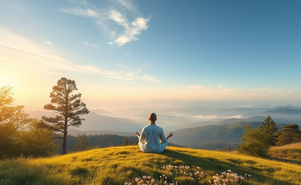 A serene landscape with a meditating figure surrounded by nature.