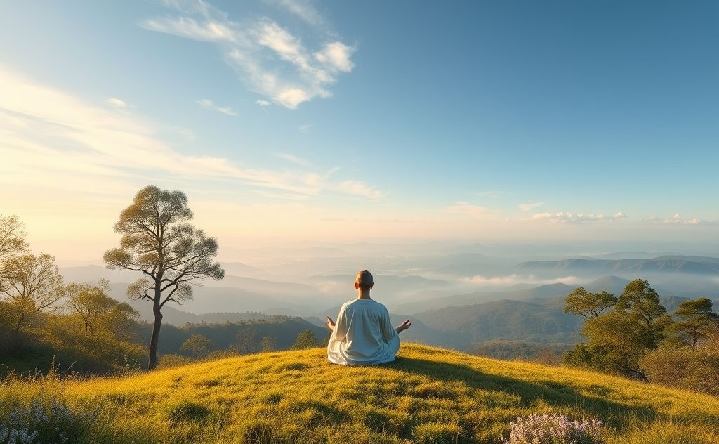 A serene landscape with a meditative figure surrounded by nature.