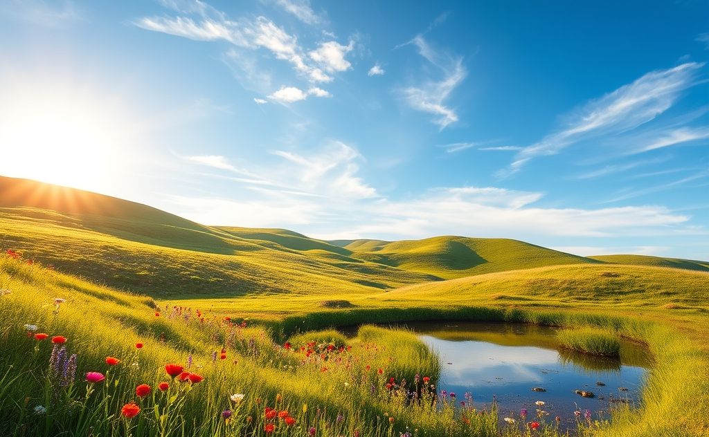A serene landscape with a peaceful mind and vibrant nature elements.