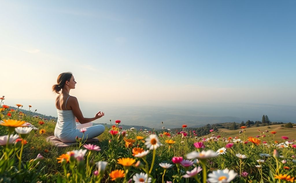 A serene landscape with a peaceful person meditating among flowers.