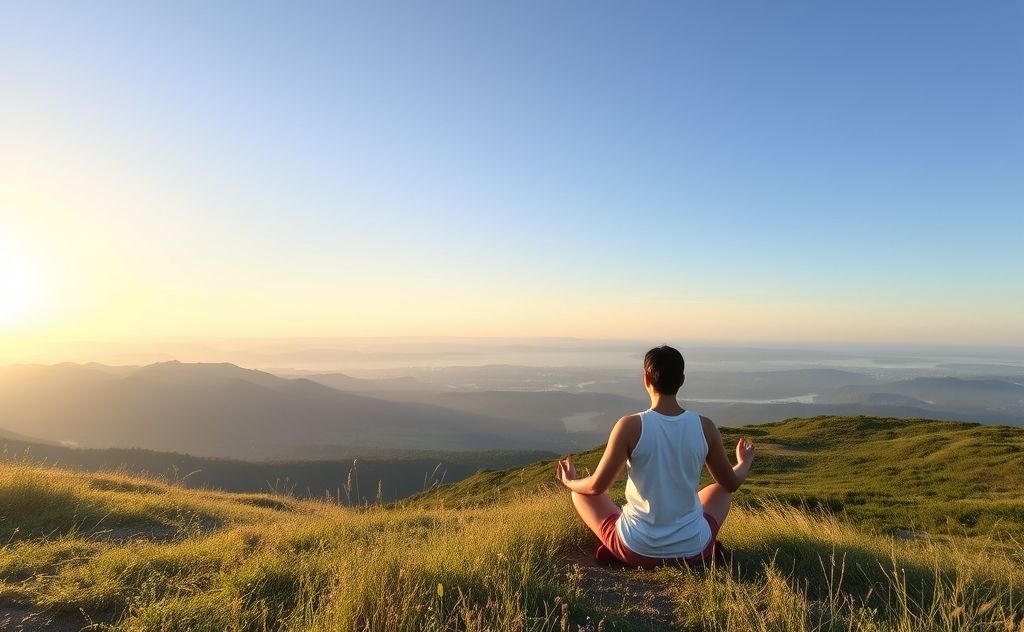 A serene landscape with a peaceful person meditating in nature.