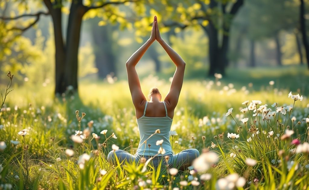 A serene landscape with a peaceful yoga pose and soft nature elements.