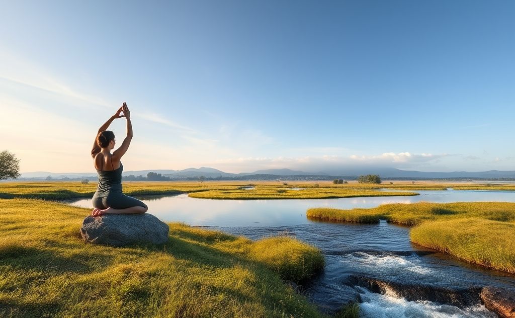 A serene landscape with a peaceful yoga scene and flowing water.