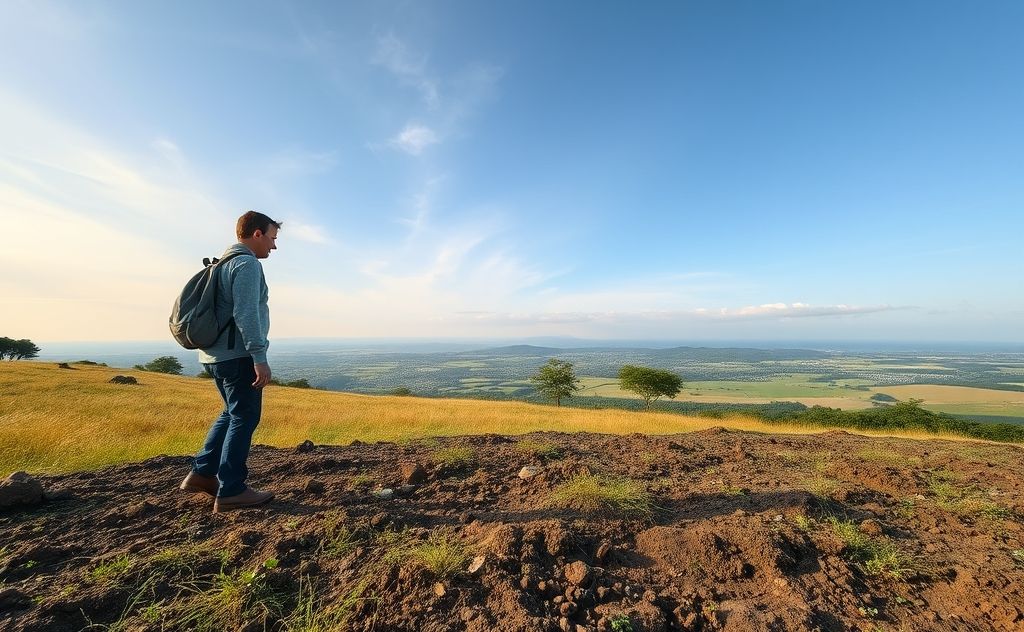 A serene landscape with a person connecting with nature through earthing.