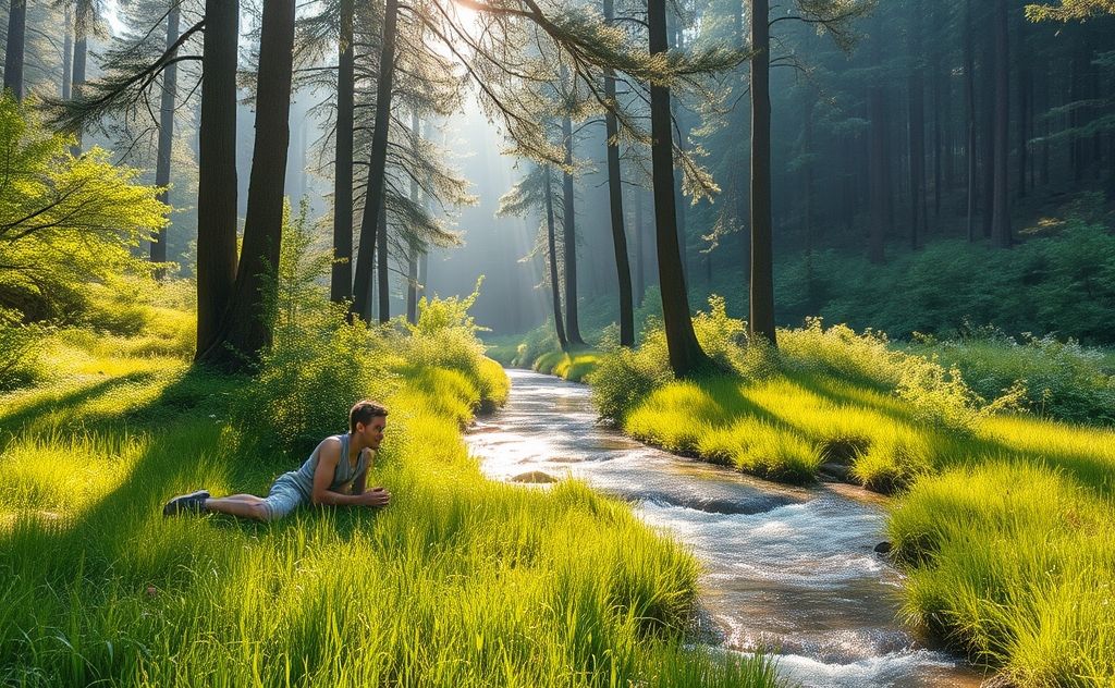 A serene landscape with a person enjoying nature's beauty.